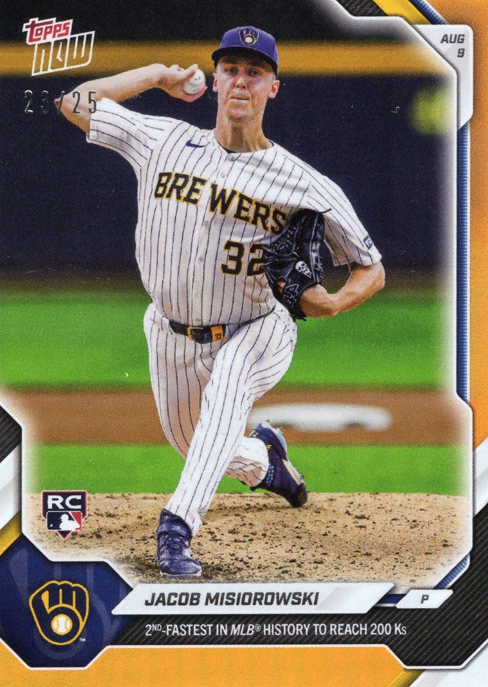 2026 Topps Now Jacob Misiorowski #543 Orange Foil /25 2nd Fastest in MLB History to Reach 200Ks Milwaukee Brewers Rookie RC Baseball Card