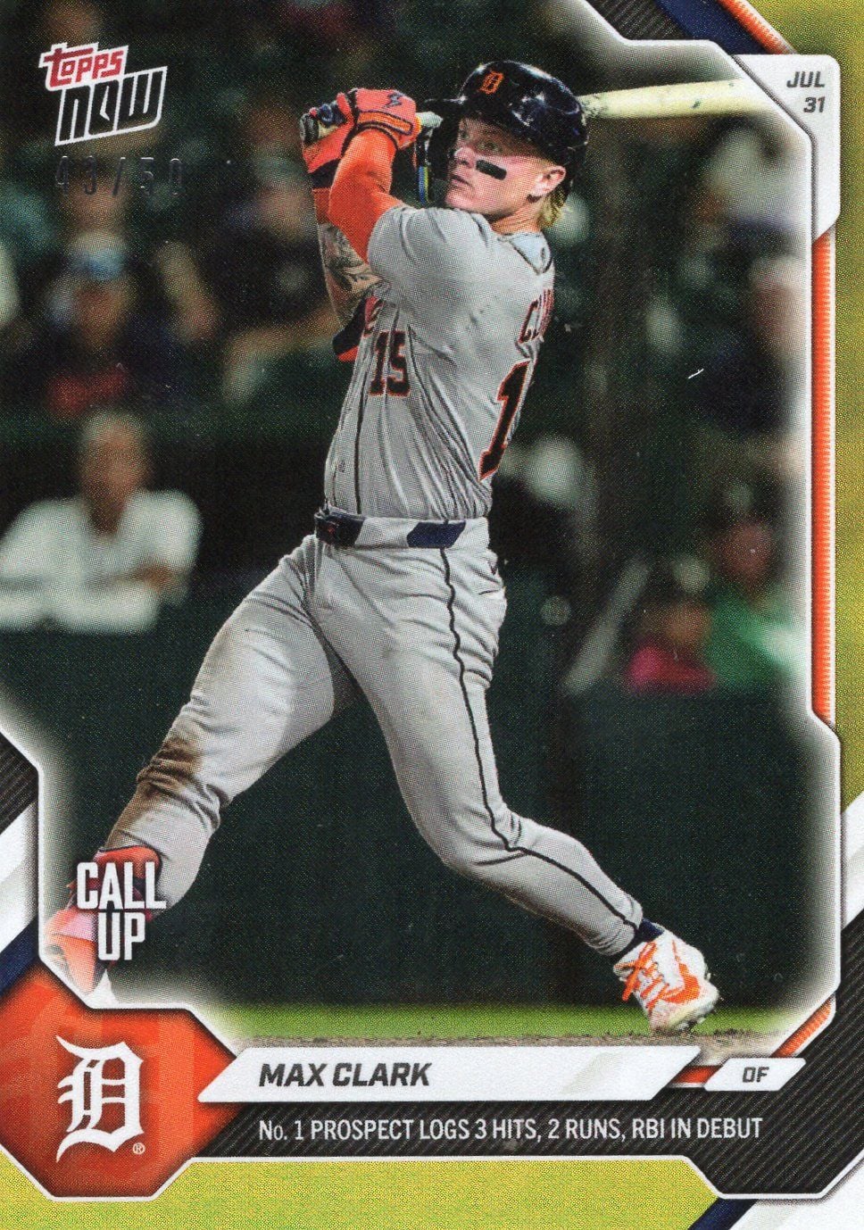 2026 Topps Now Max Clark #505 Gold Foil /50 Number 1 Prospect Logs 3 Hits, 2 Runs , RBI in Debut Detroit Tigers Rookie RC Baseball Card