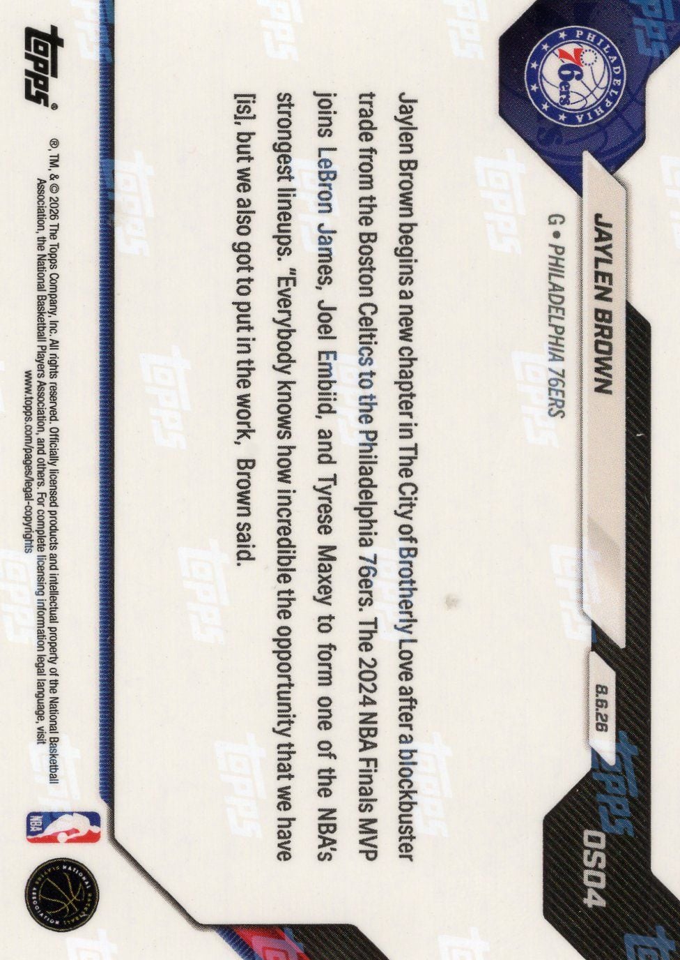 2026 Topps Now Jaylen Brown #OS04 Black Foil /10 Superstar Acquisition Introduced by Sixers Philadelphia 76ers Basketball Card