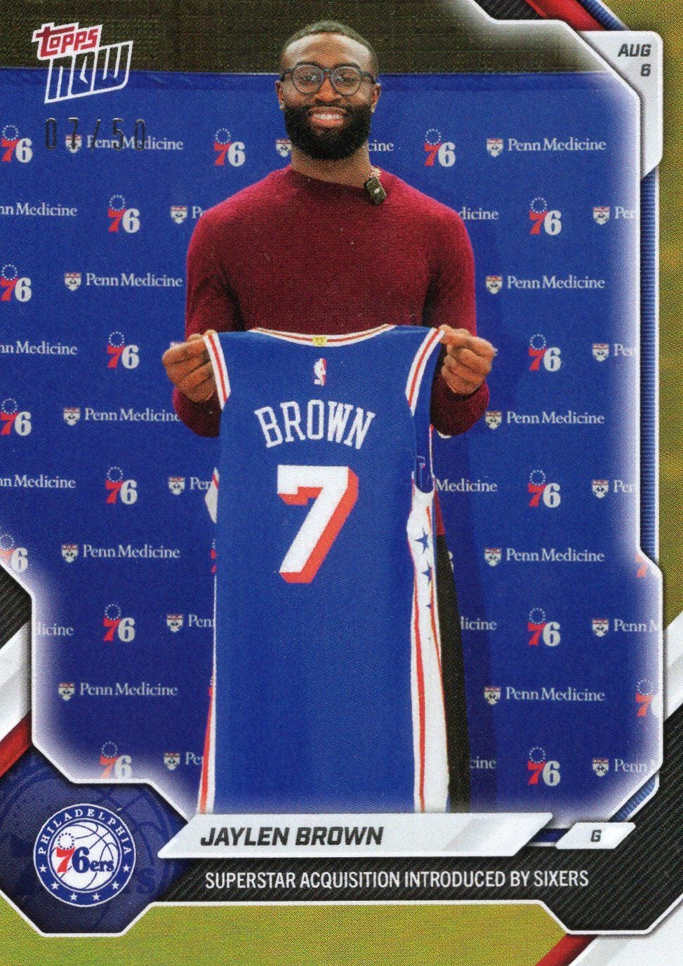 2026 Topps Now Jaylen Brown #OS04 Gold Foil /50 Superstar Acquisition Introduced by Sixers Philadelphia 76ers Basketball Card