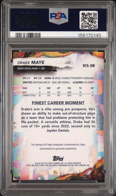 Graded 2024 Topps Finest Drake Maye #RFADM Rookie Finest Autograph Rookie RC Football Card PSA 10 Auto