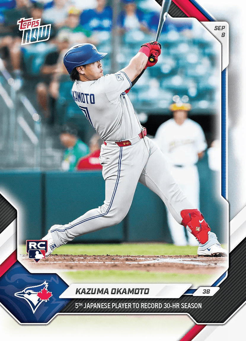 2026 Topps Now Kazuma Okamoto #649 5th Japanese Player to Record 30 Home Run Season Toronto Blue Jays Rookie RC Baseball Card