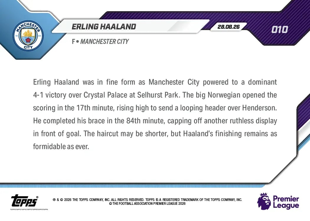 2026 Topps Now Erling Haaland #010 New Trim, Same Haaland Manchester City Soccer Card