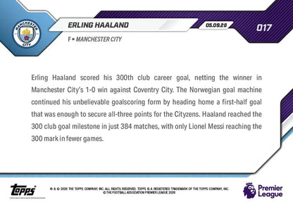 2026 Topps Now Erling Haaland #17 300th Club Career Goal Manchester City Soccer Card