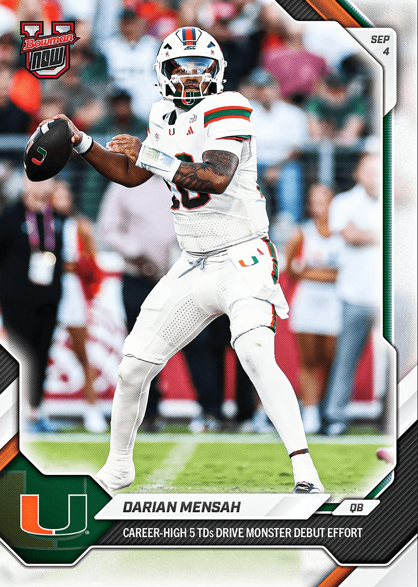 2026 Topps Bowman U Now Darian Mensah #1 Career High 5TDS Drive Monster Debut Effort Miami Hurricanes Rookie RC Football Card