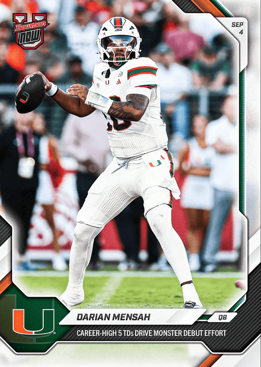 2026 Topps Bowman U Now Darian Mensah #1 Career High 5TDS Drive Monster Debut Effort Miami Hurricanes Rookie RC Football Card
