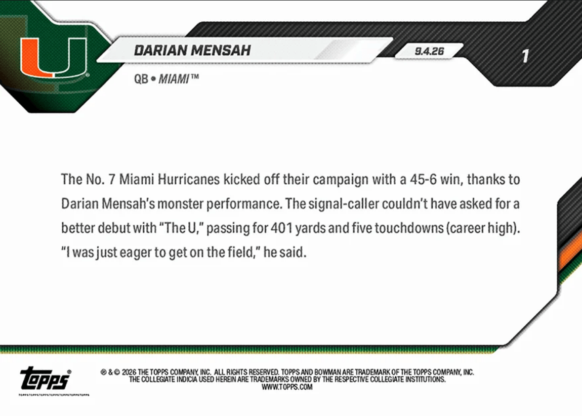 2026 Topps Bowman U Now Darian Mensah #1 Career High 5TDS Drive Monster Debut Effort Miami Hurricanes Rookie RC Football Card