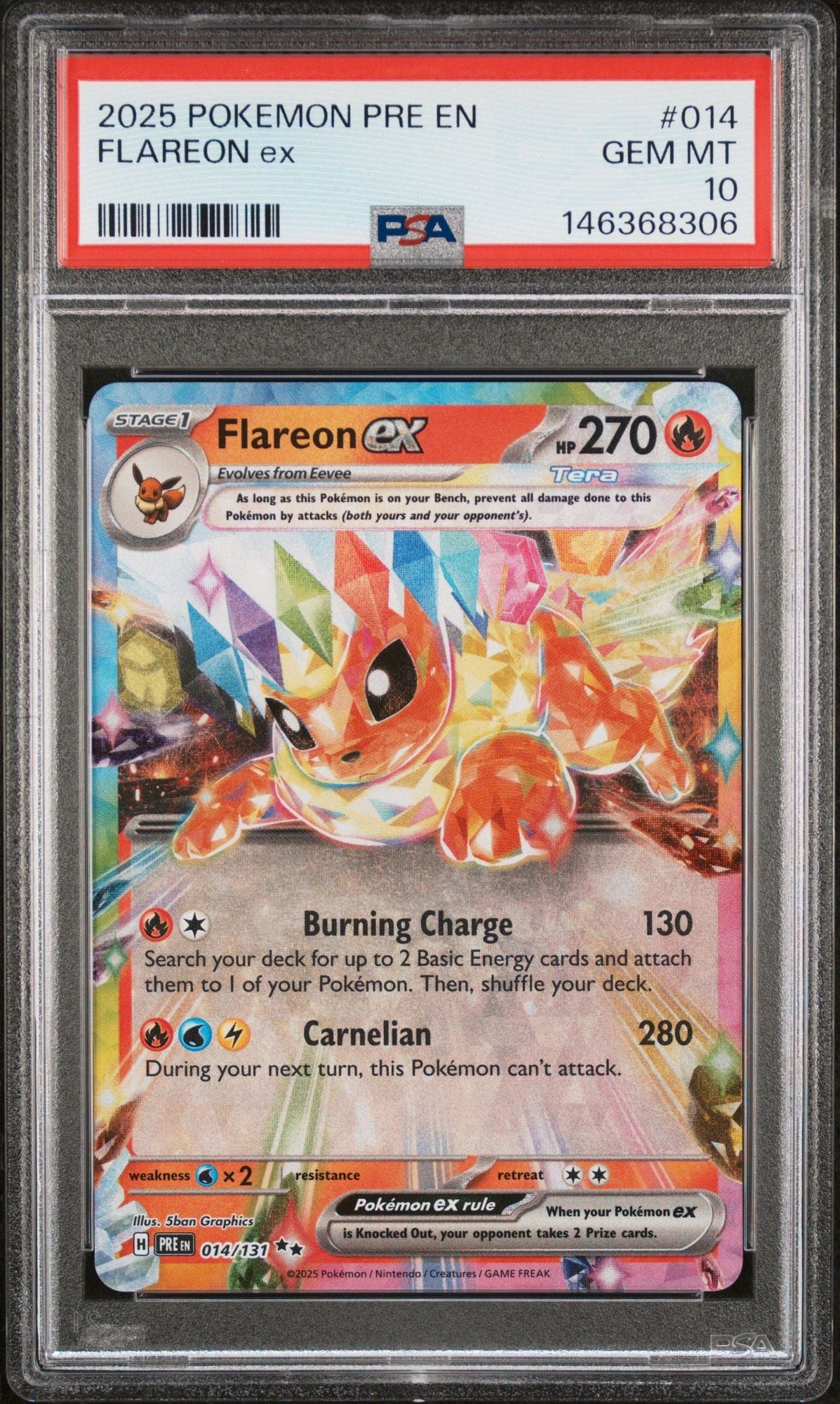 Graded 2025 PKM PRE Flareon Ex #014 Prismatic Evolutions Trading Card Game PSA 10 Gem Mint