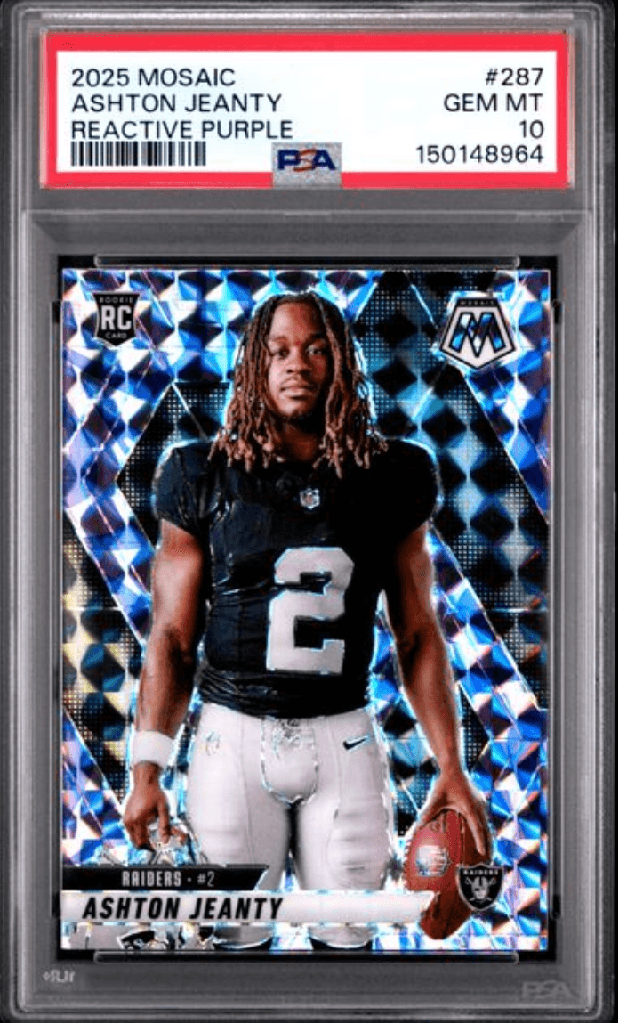 Graded 2025 Panini Mosaic Ashton Jeanty #287 Reactive Purple Rookie RC Football Card PSA 10 Gem Mint