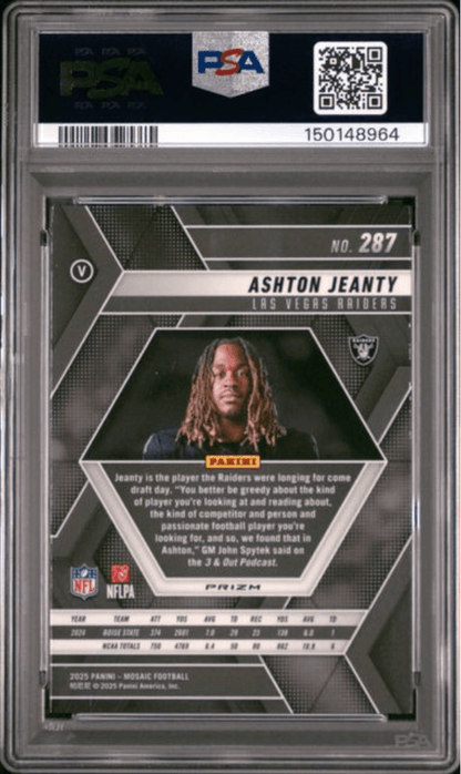 Graded 2025 Panini Mosaic Ashton Jeanty #287 Reactive Purple Rookie RC Football Card PSA 10 Gem Mint