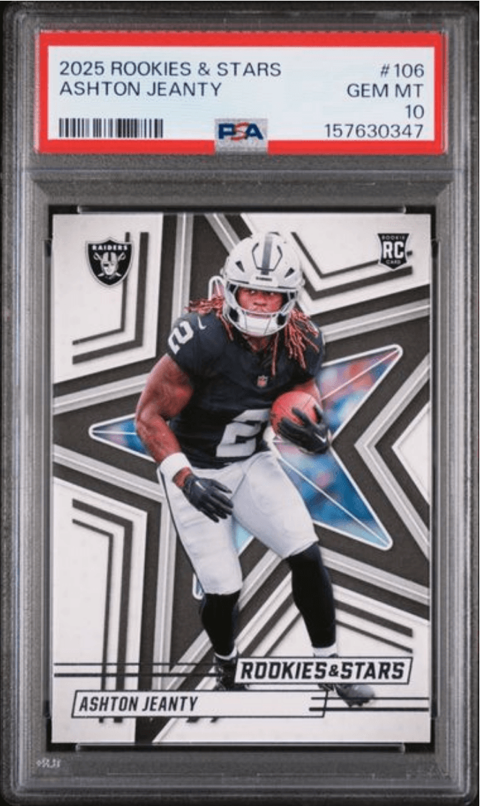 Graded 2025 Panini Rookies & Stars Ashton Jeanty #106 Rookie RC Football Card PSA 10 Gem Mint