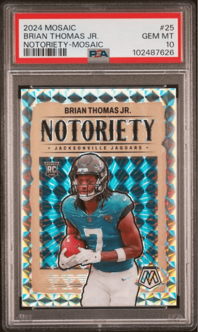 Graded 2024 Panini Mosaic Brian Thomas Jr #25 Notoriety Mosaic Rookie RC Football Card PSA 10 Gem Mint