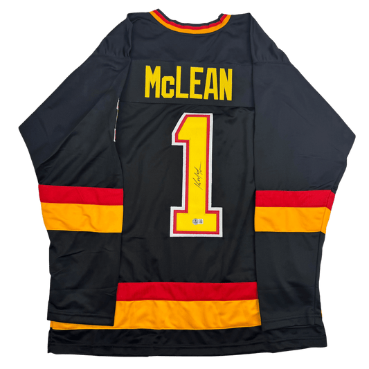 Autographed/Signed Kirk McLean Vancouver Black Hockey Jersey Beckett BAS COA