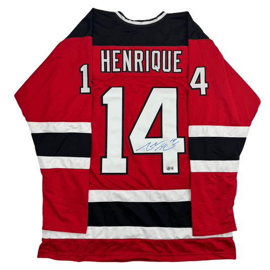Autographed/Signed Adam Henrique New Jersey NJ Red Hockey Jersey Beckett BAS COA