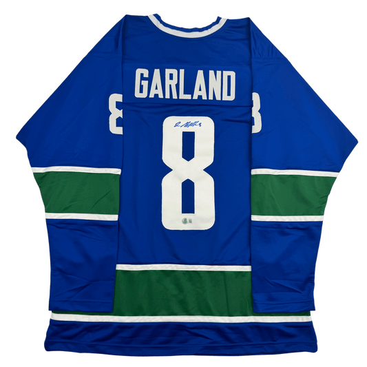 Autographed/Signed Conor Garland  Vancouver Blue Hockey Jersey Beckett BAS COA
