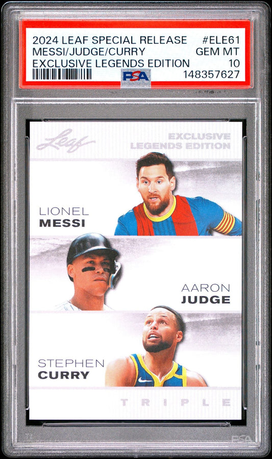 Graded 2024 Leaf Special Release Lionel Messi Stephen Curry Aaron Judge #ELE61 Exclusive Legends Edition Soccer Card PSA 10 Gem Mint