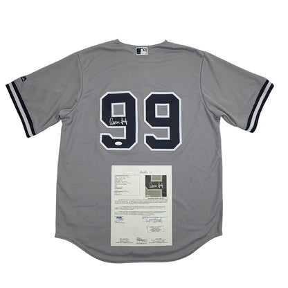 Autographed/Signed Aaron Judge New York Yankees Authentic Majestic Grey Baseball Jersey JSA COA/LOA