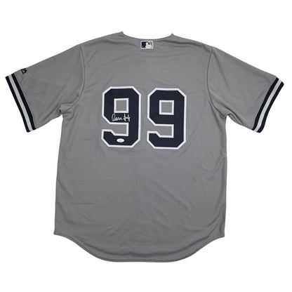 Autographed/Signed Aaron Judge New York Yankees Authentic Majestic Grey Baseball Jersey JSA COA/LOA