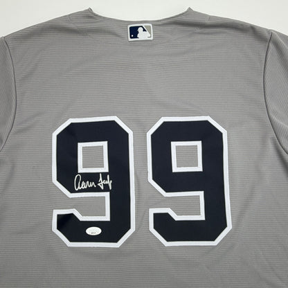 Autographed/Signed Aaron Judge New York Yankees Authentic Majestic Grey Baseball Jersey JSA COA/LOA