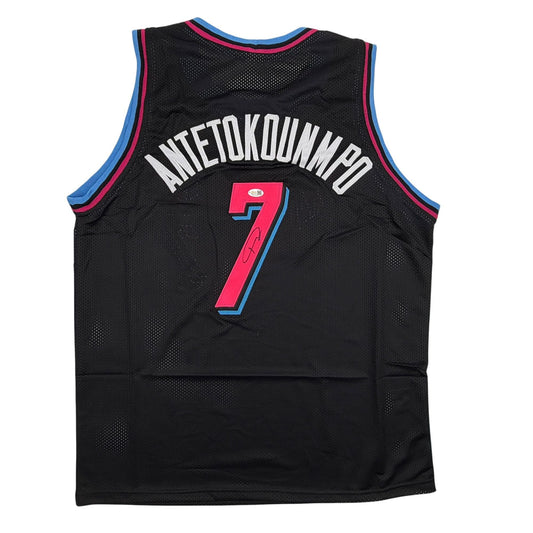 Autographed/Signed Giannis Antetokounmpo #7 Miami Heat Black Vice City Basketball Jersey JSA COA