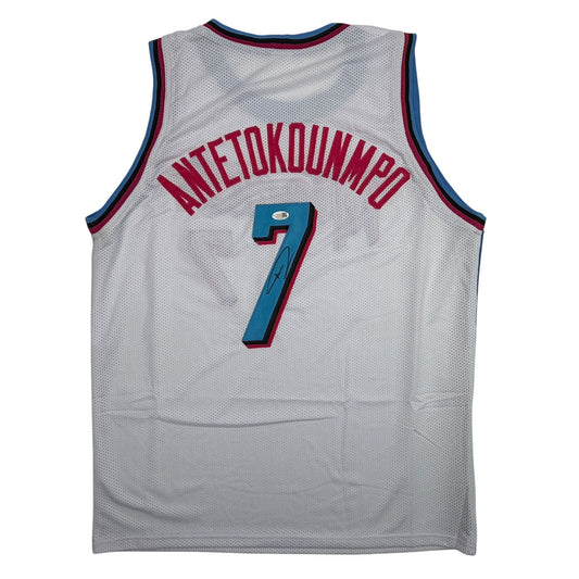 Autographed/Signed Giannis Antetokounmpo #7 Miami Heat White Vice City Basketball Jersey JSA COA
