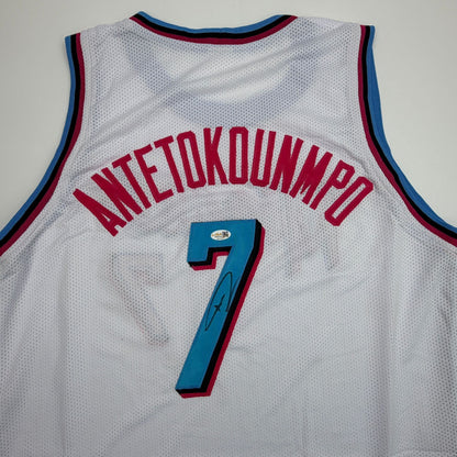 Autographed/Signed Giannis Antetokounmpo #7 Miami Heat White Vice City Basketball Jersey JSA COA