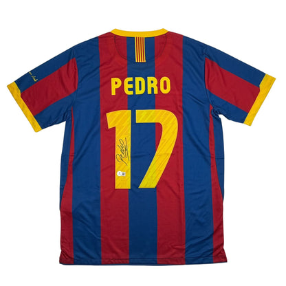 Autographed/Signed Pedro Rodriguez FC Barcelona Red/Blue Soccer Jersey Beckett BAS COA