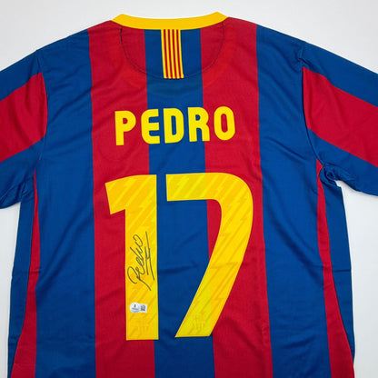 Autographed/Signed Pedro Rodriguez FC Barcelona Red/Blue Soccer Jersey Beckett BAS COA