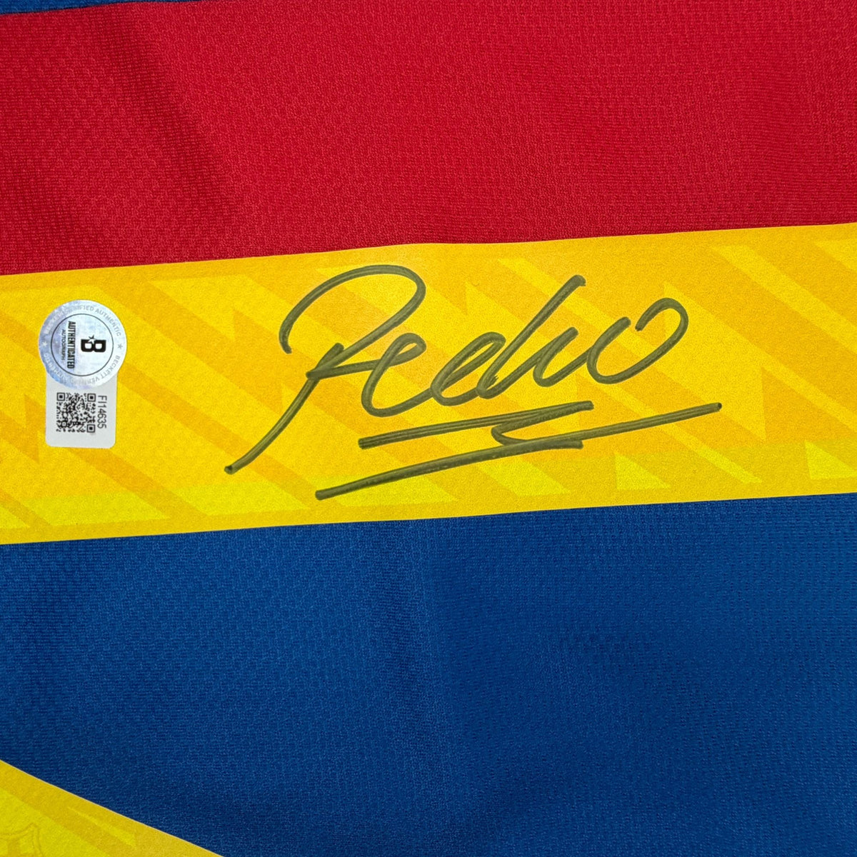Autographed/Signed Pedro Rodriguez FC Barcelona Red/Blue Soccer Jersey Beckett BAS COA
