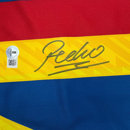Autographed/Signed Pedro Rodriguez FC Barcelona Red/Blue Soccer Jersey Beckett BAS COA
