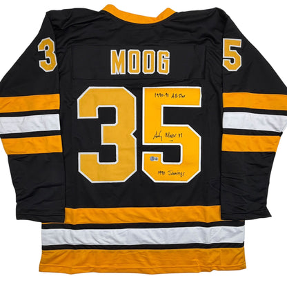 Autographed/Signed Andy Moog Boston Black Hockey Jersey Beckett BAS COA