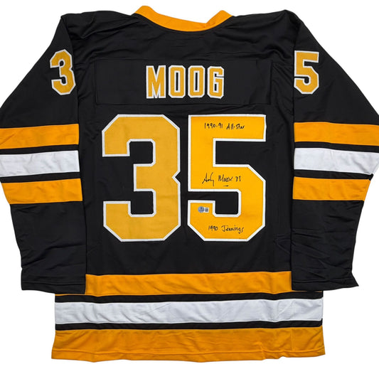 Autographed/Signed Andy Moog Boston Black Hockey Jersey Beckett BAS COA