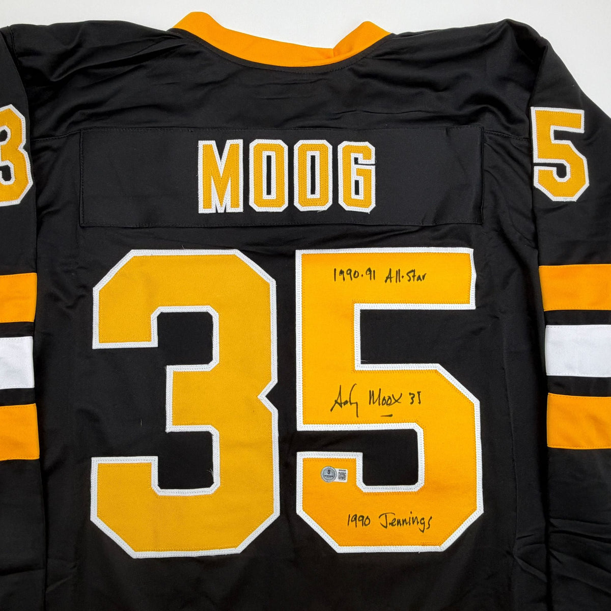Autographed/Signed Andy Moog Boston Black Hockey Jersey Beckett BAS COA