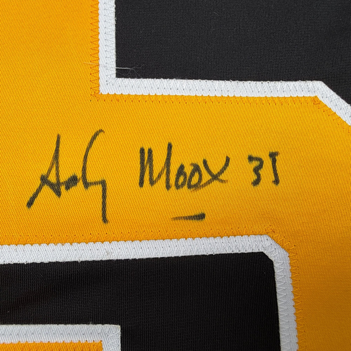 Autographed/Signed Andy Moog Boston Black Hockey Jersey Beckett BAS COA