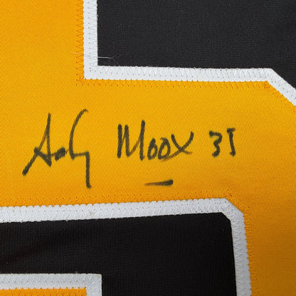 Autographed/Signed Andy Moog Boston Black Hockey Jersey Beckett BAS COA