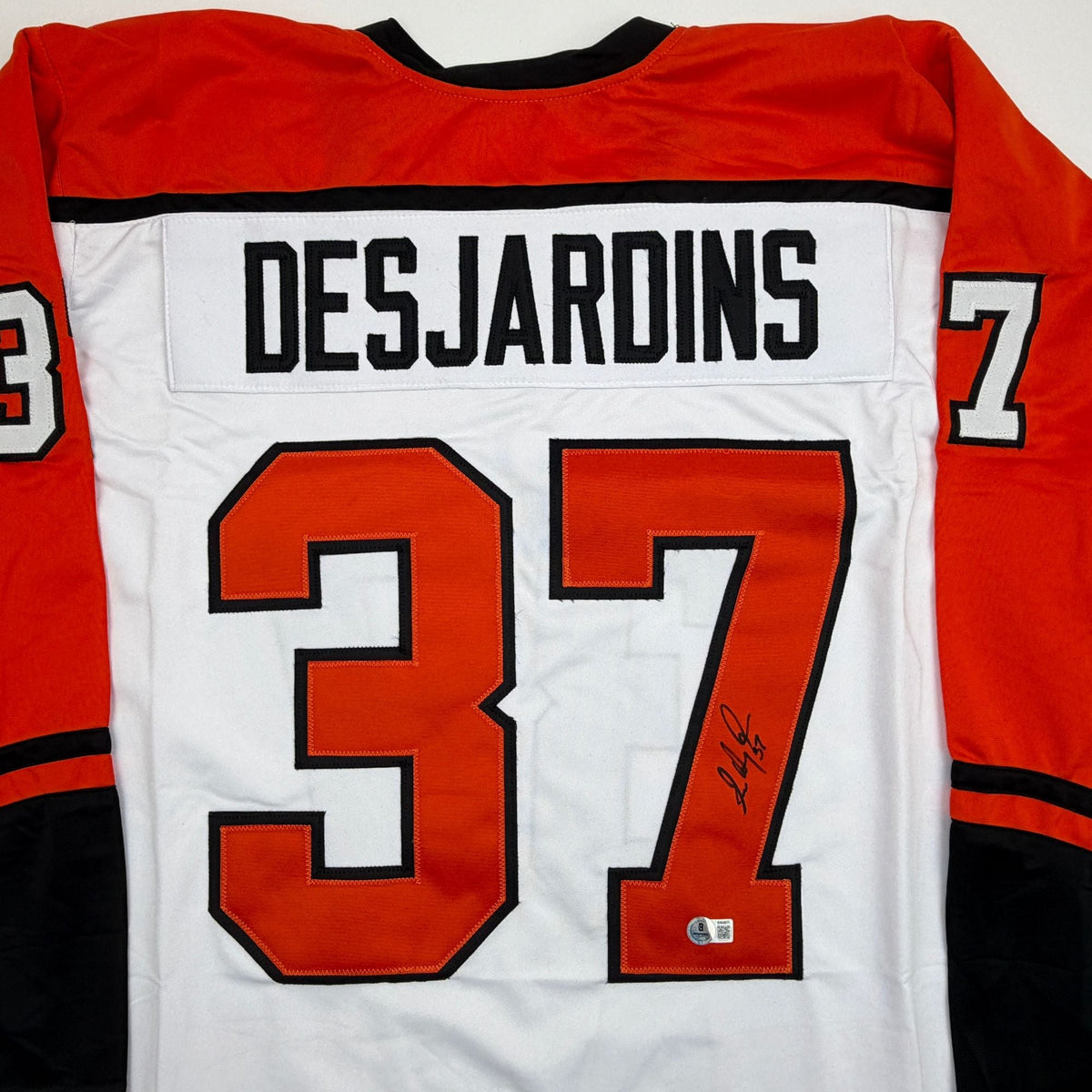 Autographed/Signed Eric Desjardins Philadelphia White Hockey Jersey Beckett BAS COA