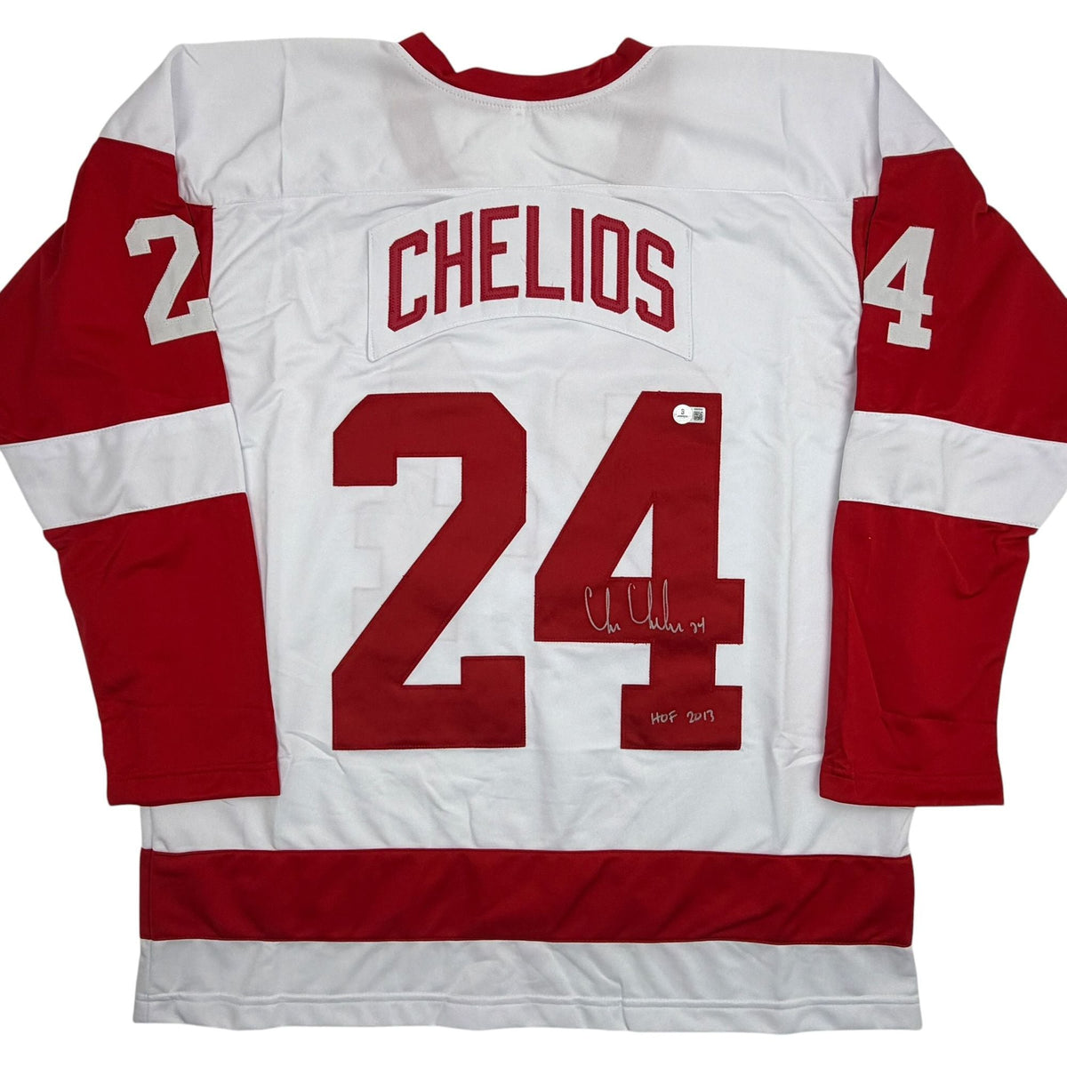 Autographed/Signed Chris Chelios Detroit White Hockey Jersey Beckett BAS COA