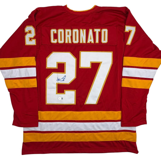 Autographed/Signed Matt Coronato Calgary Red Hockey Jersey Beckett BAS COA