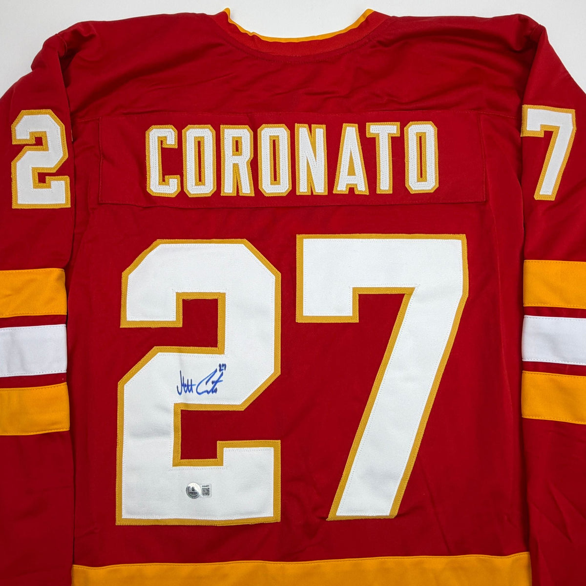 Autographed/Signed Matt Coronato Calgary Red Hockey Jersey Beckett BAS COA