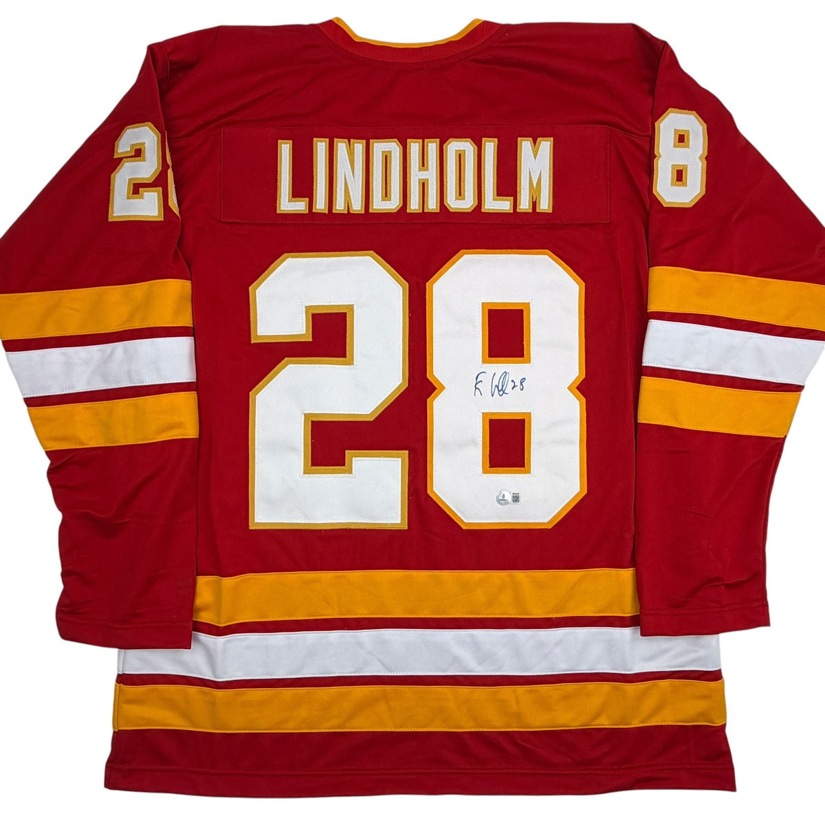 Autographed/Signed Elias Lindholm Calgary Red Hockey Jersey Beckett BAS COA