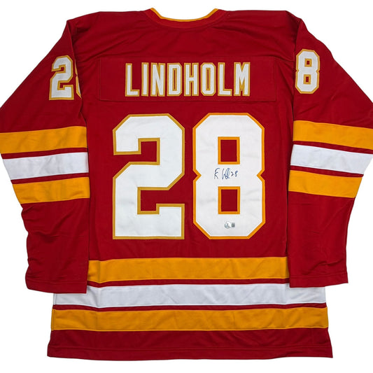 Autographed/Signed Elias Lindholm Calgary Red Hockey Jersey Beckett BAS COA