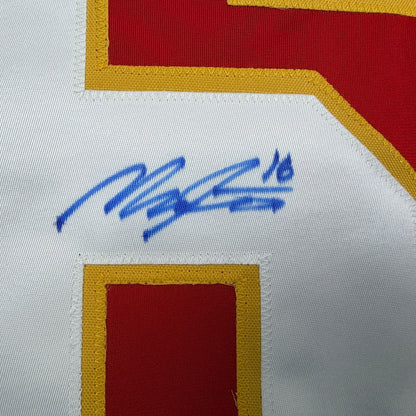 Autographed/Signed Morgan Frost Calgary Red Hockey Jersey Beckett BAS COA
