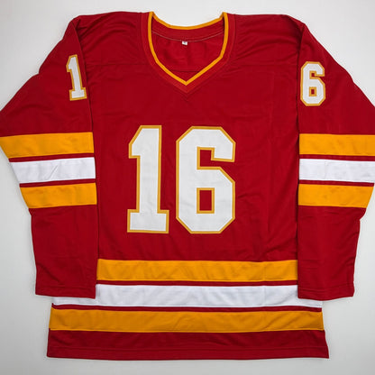 Autographed/Signed Morgan Frost Calgary Red Hockey Jersey Beckett BAS COA