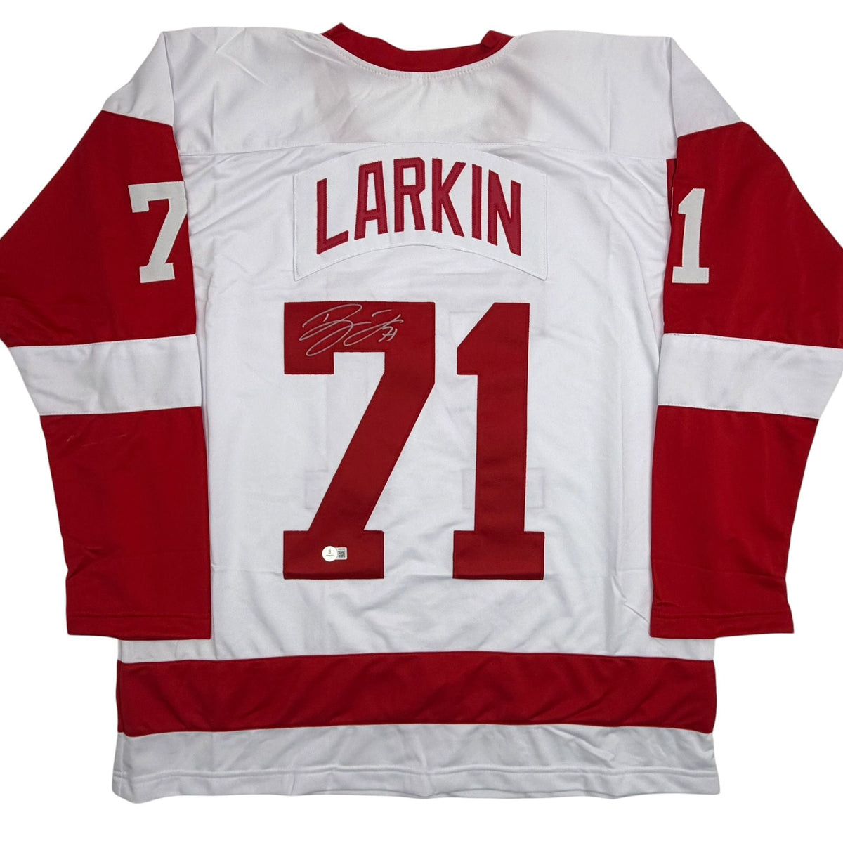 Autographed/Signed Dylan Larkin Detroit White Hockey Jersey Beckett BAS COA