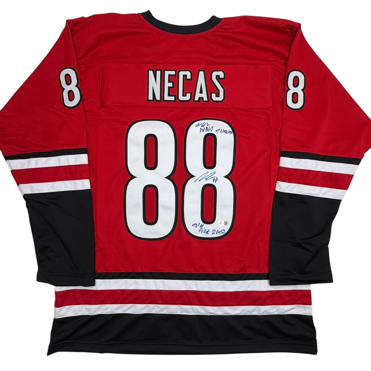 Autographed/Signed Martin Necas Carolina Red Hockey Jersey Beckett BAS COA