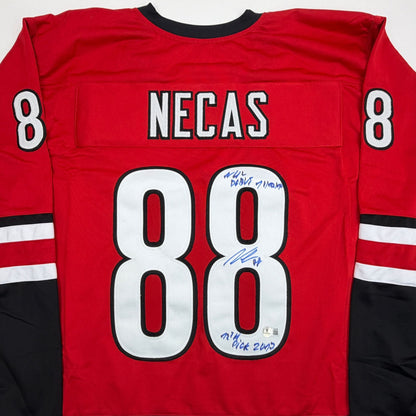 Autographed/Signed Martin Necas Carolina Red Hockey Jersey Beckett BAS COA