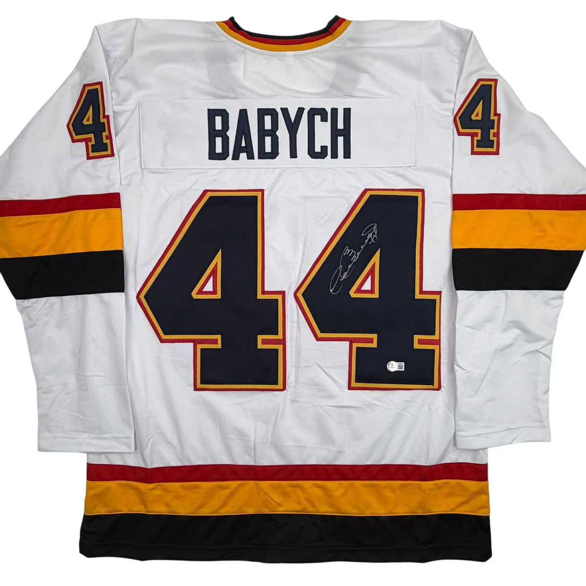 Autographed/Signed Dave Babych Winnipeg White Retro Hockey Jersey Beckett BAS COA