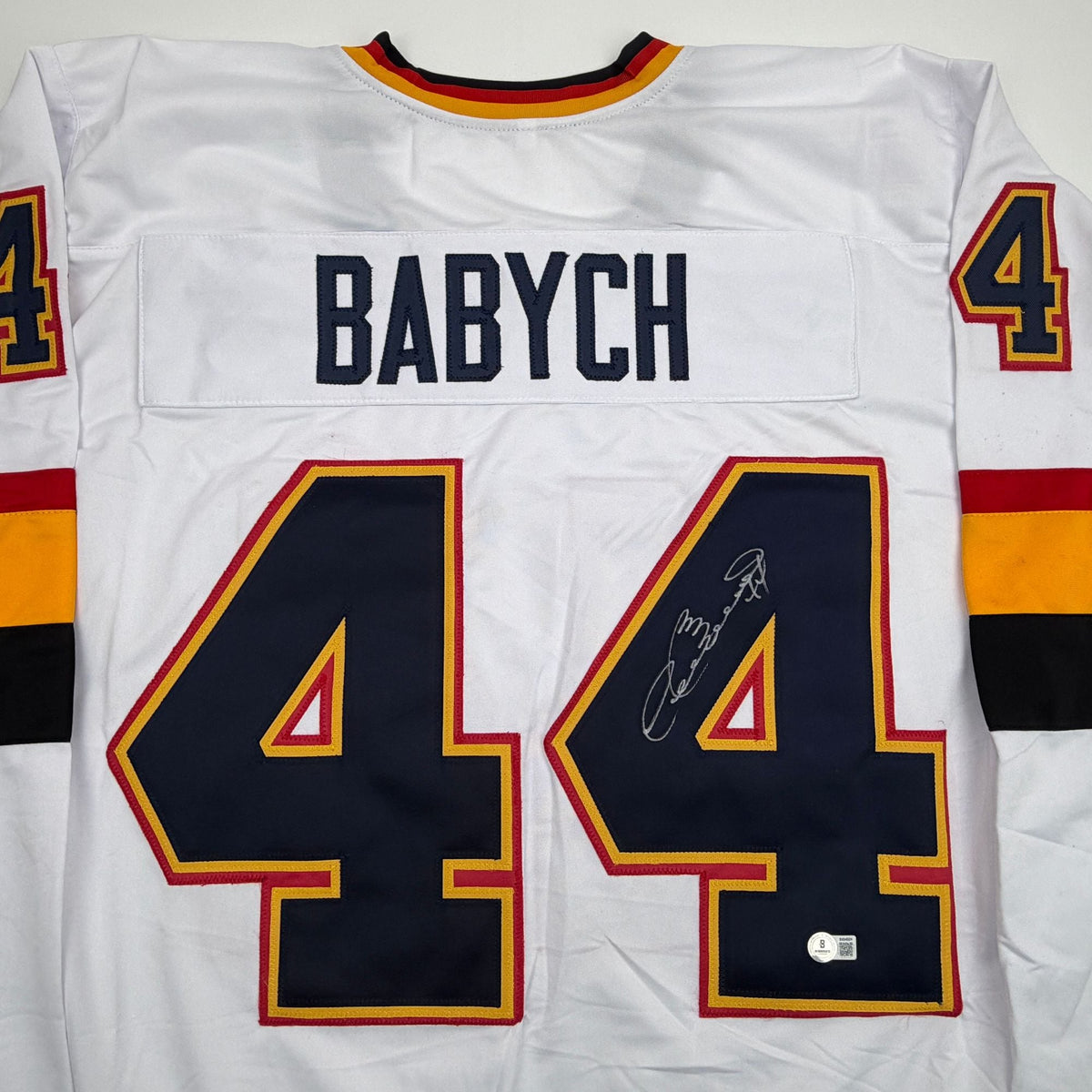 Autographed/Signed Dave Babych Winnipeg White Retro Hockey Jersey Beckett BAS COA