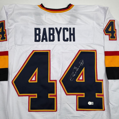 Autographed/Signed Dave Babych Winnipeg White Retro Hockey Jersey Beckett BAS COA