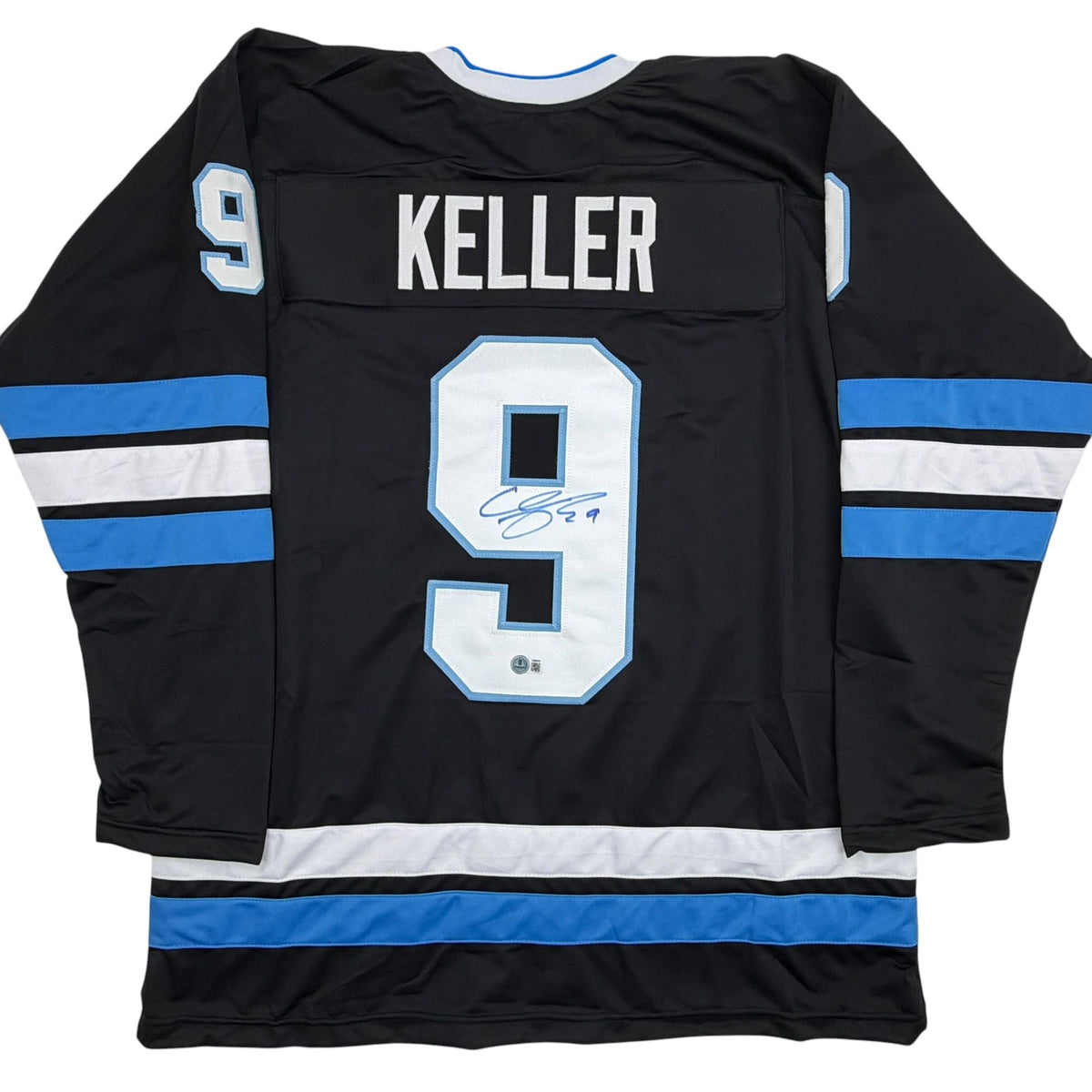 Autographed/Signed Clayton Keller Utah Black Hockey Jersey Beckett BAS COA